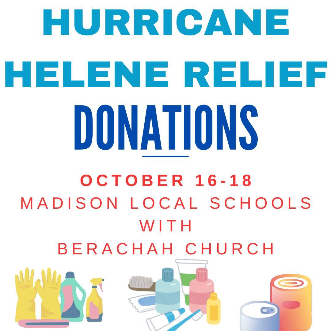 Flyer with information listed above for Hurricane Helene Relief Donations and pictures of supplies